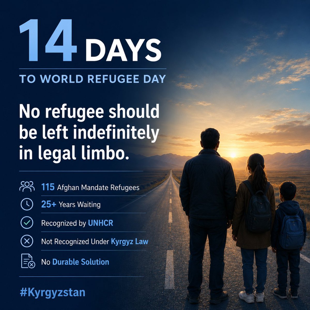 afghan_rf's tweet photo. ⏳ 14 Days to #WorldRefugeeDay

115 Afghan mandate refugees in #Kyrgyzstan have spent more than a quarter of a century waiting for a solution.

📋 Recognized by UNHCR.

⚠️ Not recognized under Kyrgyz law.

⚠️ No secure legal status.

⚠️ No recognized legal right to remain.

⚠️ No realistic integration pathway.

⚠️ No active resettlement pathway.

⚠️ No durable solution.

⚖️ A recent U.S. federal court ruling raised concern about people being left indefinitely in legal limbo.

Today, 115 Afghan mandate refugees in #Kyrgyzstan remain trapped in exactly that situation.

⏸️ For more than 25 years, our lives have been on pause.

We did not choose this exile.

We did not choose to become refugees.

And our children did not choose to be born into uncertainty.

👨‍👩‍👧‍👦 We are not asylum seekers waiting for an initial decision.

🪪 We are UNHCR-recognized mandate refugees.

Yet decades later, we still have no durable solution.

❓ No secure future.

❓ No visible pathway toward a durable solution.

📅 No timeline.

🛤️ No pathway.

📭 No answers.

The hardest part is not waiting.

The hardest part is not knowing.

Years pass.

Children grow up.

Dreams are postponed.

Potential is wasted.

Talents remain unrealized.

📚 Education opportunities are lost.

💼 Careers are never started.

🌍 Futures remain unresolved.

The greatest loss is not measured in years.

It is measured in opportunities.

A child who was born into this uncertainty should not have to inherit it.

Uncertainty cannot be a childhood.

And legal limbo cannot be a future.

📊 We are often reduced to numbers in reports.

But behind those numbers are real families.

🧒 Real children.

🎓 Real ambitions.

💡 Real potential.

📌 Recognition without protection is not protection.

📌 Refugee status is not meant to become a fate.

📌 Refugee status is not meant to become a legacy passed from parents to children.

📌 Integration is not possible without legal recognition and a secure right to remain.

📌 Return to Afghanistan is not safe.

🕊️ We respectfully ask donor governments, humanitarian actors and the international community not to let this situation disappear behind statistics and reports.

Only 115 people.

A small group.

A solvable humanitarian case.

@Refugees @UNHCR_Cent_Asia @UNHCRgov @UNRefugeeAgency @UNHumanRights @UNGeneva @UN_News_Centre @antjegrawe @BarhamSalih

@StatePRM @StateDept @State_SCA @USEmbassyKG @USUN @IRAP

@CanadaDev @IRCC @LenaMetlegeDiab @UNHCRCanada @CanadaFP @CanadaPE

@ausgov @dfat @MFATNZ

@UKMissionGeneva @UKHomeOffice @FCDOGovUK @DavidLammy @ShabanaMahmood @10DowningStreet

@eu_eeas @BelgiumUN @GermanyDiplo @SweMFA @NorwayMFA @MofaJapan_en @francediplo_EN @Irish_Aid

#Kyrgyzstan #CentralAsia #Geneva #Geneva2025 #WorldRefugeeDay #Refugees #HumanRights #Afghanistan #MandateRefugees #ResettleMandateRefugeeFromKyrgyzstan