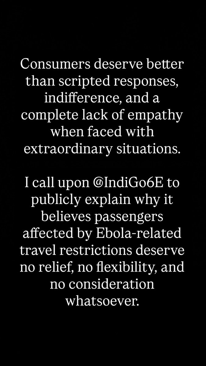 DaswaniVipra's tweet photo. I call upon @IndiGo6E to publicly explain why it believes passengers affected by Ebola-related travel restrictions deserve no relief
@MoCA_India @airsewa_MoCA  @jagograhakjago @DGCAIndia @MoHFW_INDIA 
#IndiGo #ConsumerRights #CivilAviation #TravelIndustry #CustomerServiceFailure https://t.co/6bi55ENxiG