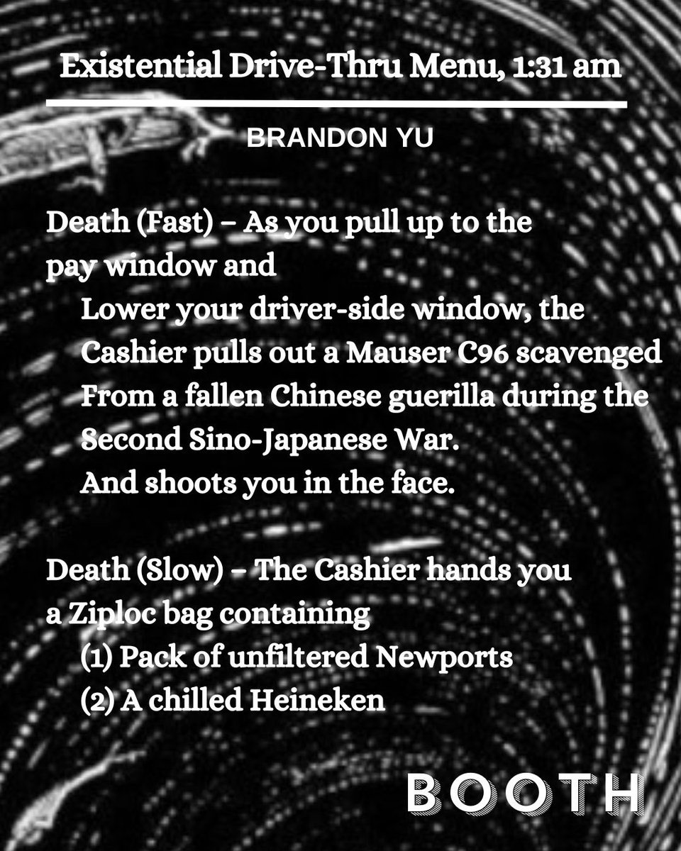 BoothAJournal's tweet photo. Read “Existential Drive-Thru Menu, 1:31 a.m.,” a new list by Brandon Yu, at https://t.co/Ywx7Wnucfj now! #lists #litmag https://t.co/fry3Ih9wdr