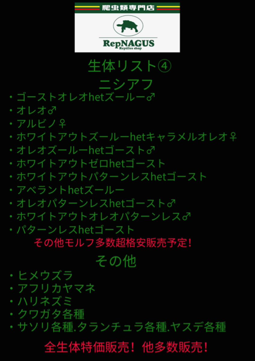 RepNAGUS's tweet photo. 明日はWAF新潟🔥
リスト4枚！
リスト以外も生体多数販売予定！

今回もかなり攻めてます
爬虫類
両生類
昆虫
奇虫
更に小動物、鳥まで！
全て超びっくり価格
早いもの勝ちです👀
正直かなり頑張りました

6/7は店舗お休みです🙏

RepNAGUS

https://t.co/1OMy5rJNrC https://t.co/VIhTtKVG37