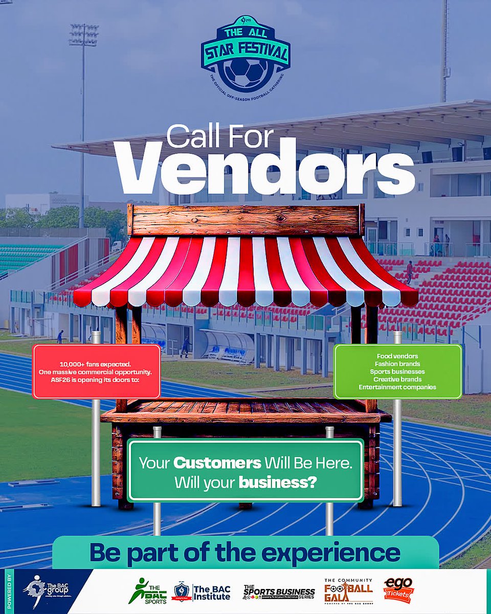 GeneralPique1's tweet photo. “Your Customers Will Be Here.”
Will your business?

10,000+ fans expected.
One massive commercial opportunity.

ASF26 is opening its doors to:
Food vendors
Fashion brands
Sports businesses
Creative brands
Entertainment companies.

Be part of the experience.
#TheAllStarFestival https://t.co/xDKj4bHUfq