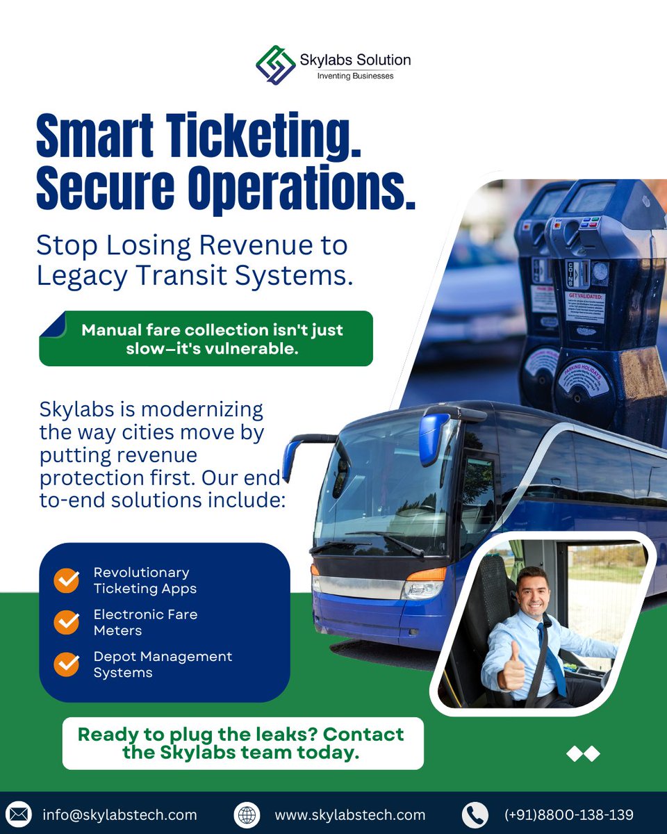 Skylabstech's tweet photo. Still relying on outdated transit systems?

Modernize operations with Skylabs' smart transit solutions:

📲 Digital Ticketing Apps
🚖 Electronic Fare Meters
🎛️ Depot Management Systems

#SmartTransit #DigitalTicketing #FleetManagement #PublicTransport #ITS #Skylabs #SmartMobility https://t.co/c5eHKWaKd9