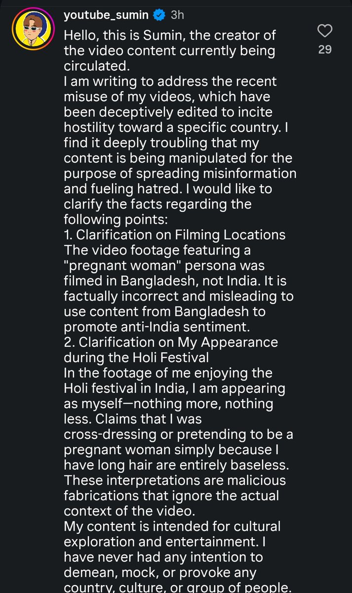 airfilter32's tweet photo. >The South Korean vlogger has himself clarified that "pregnant lady" clip is from Bangladesh.
> And that he wasn't harrassed in India but actually enjoyed the Holi festival. https://t.co/AtzG3H43Pq