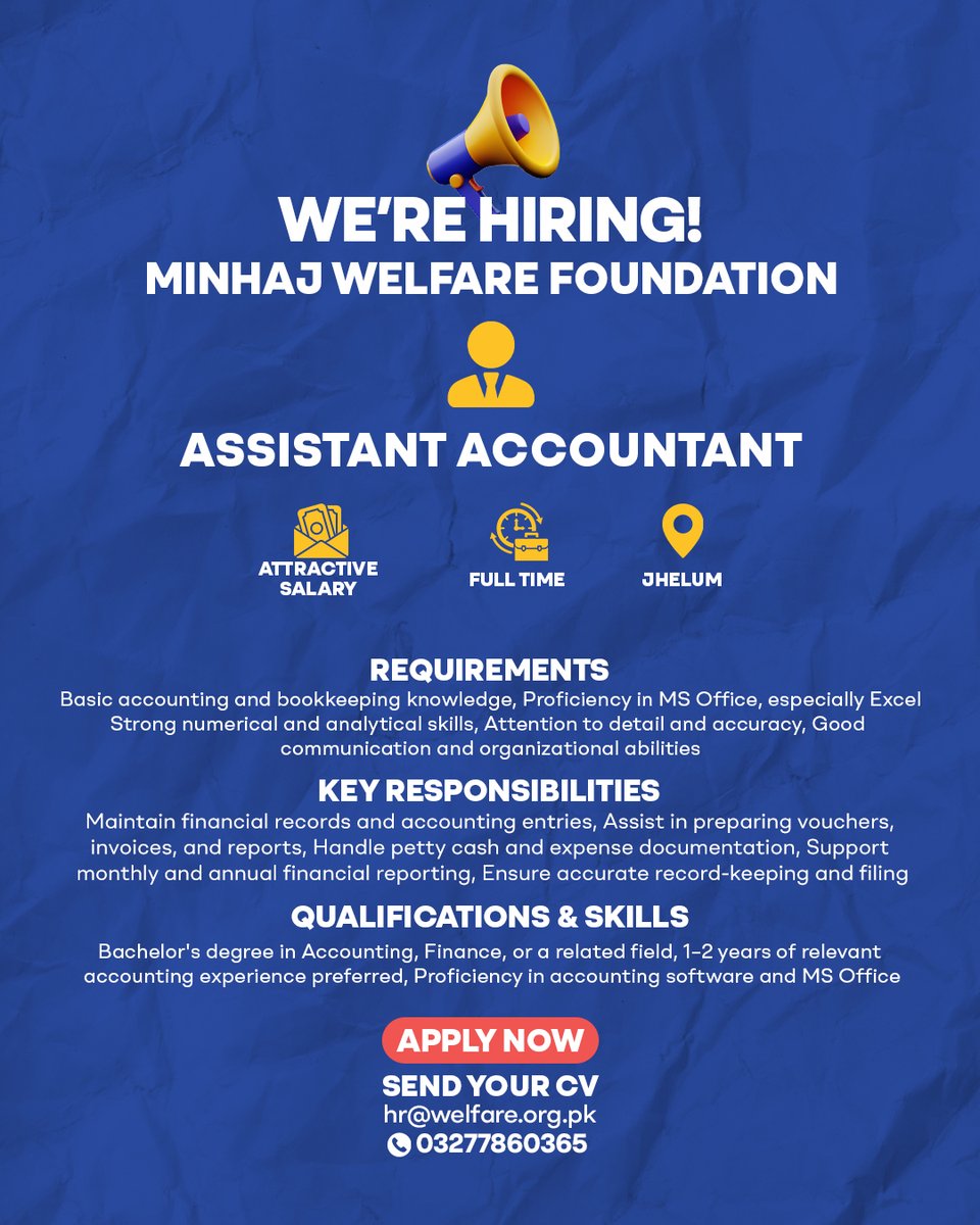 MWF_Pakistan's tweet photo. We're Hiring!
Join Minhaj Welfare Foundation Pakistan at Aghosh Orphan Care Home, Jhelum.

Open Positions:
 1. Assistant Accountant
2. Admin
3. Mother (Care Taker)

📧 hr@welfare.org.pk
📞 0327 7860365

🔗 https://t.co/UxBjoMkXBn

#MWF #Hiring #NGOJobs #AghoshJhelum #SocialWork https://t.co/DPzK19YDyV