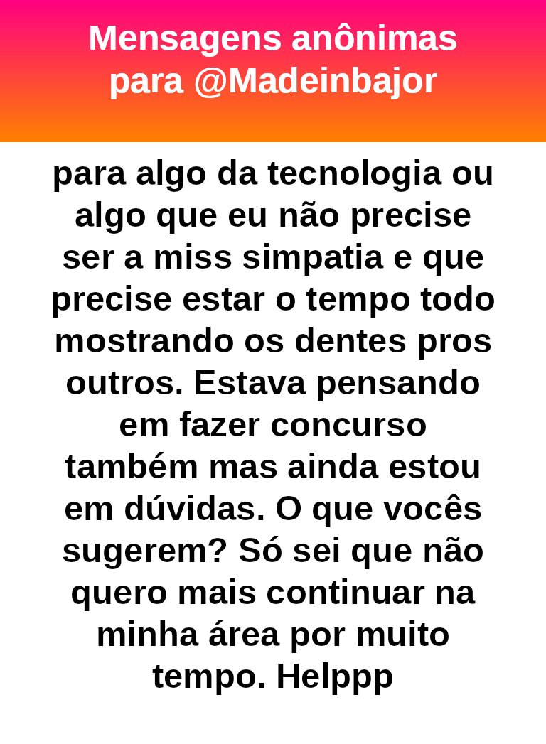 madeinbajor's tweet photo. #bajo41135
🌷Tecnologia tem demanda, home office e salários bons, mas exige estudo constante e paciencia pra começar do zero. Concurso dá estabilidade e rotina mais previsível, mas é longo e competitivo. Se quiser, pode começar a estudar programação de leve https://t.co/ltq1yIQnOl