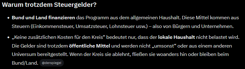 Barook1985's tweet photo. @derspiegel Dem Kreis entstehen zwar keine Kosten, finanziert wird das Ganze aber vom Bund und Land, d.h. trotzdem vom Steuerzahler. 🤡 https://t.co/BAeoKRH0vs