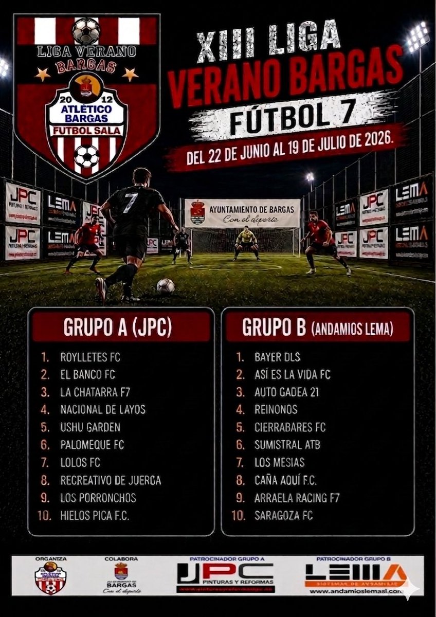 LigaLocalBargas's tweet photo. ¡La Liga de Verano de Bargas F7 2026 ya tiene calendario! 

20 equipos divididos en dos grupos se preparan para competir en esta nueva edición.

¡A partir del 22 Junio rueda el ⚽️!!!! https://t.co/5NdWbfPw6P