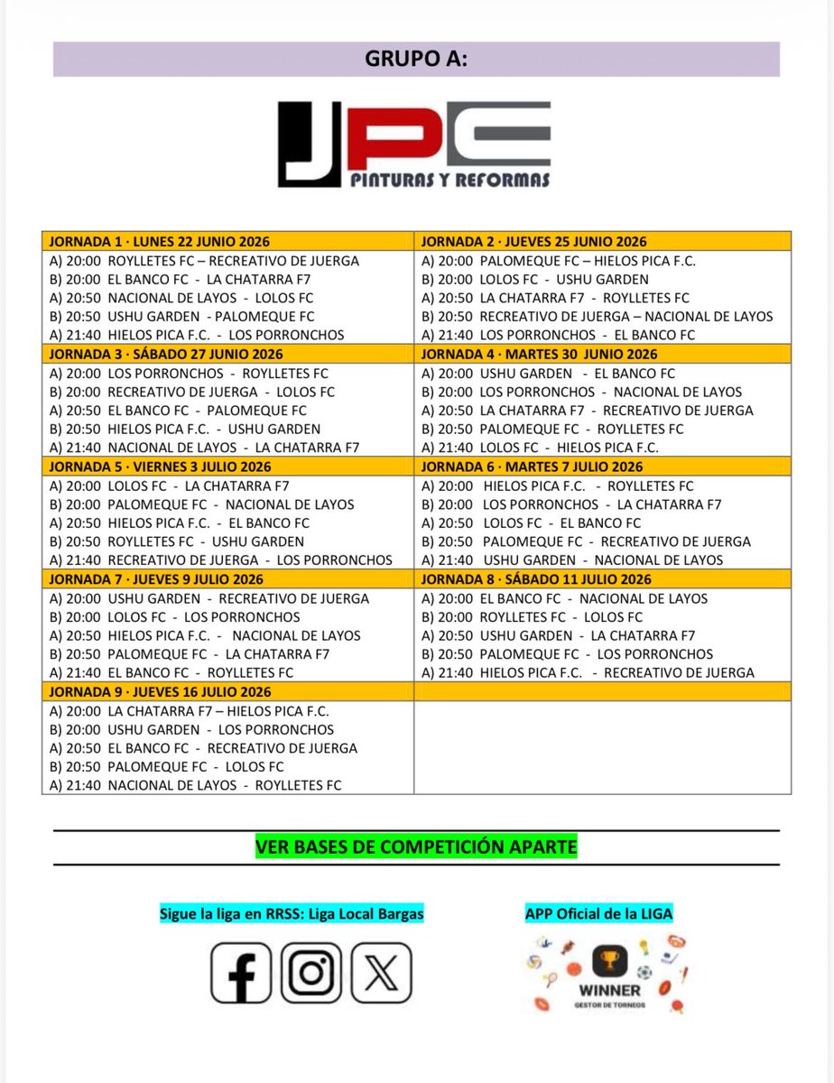 LigaLocalBargas's tweet photo. ¡La Liga de Verano de Bargas F7 2026 ya tiene calendario! 

20 equipos divididos en dos grupos se preparan para competir en esta nueva edición.

¡A partir del 22 Junio rueda el ⚽️!!!! https://t.co/5NdWbfPw6P