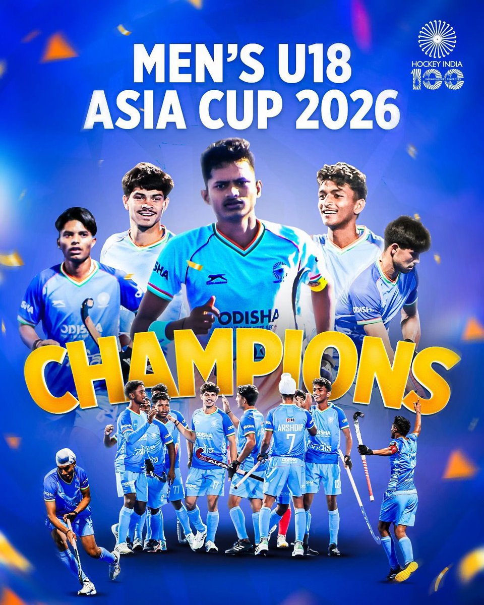AIRNewsHindi's tweet photo. एशियन चैंपियन!🏆🇮🇳

भारत ने मेन्स U18 एशिया कप 2026 के फ़ाइनल में जापान को 4-1 से हराकर चैंपियनशिप जीती।👑🔥

#HockeyIndia #IndiaKaGame #U18AsiaCup2026 https://t.co/511c31Ham7
