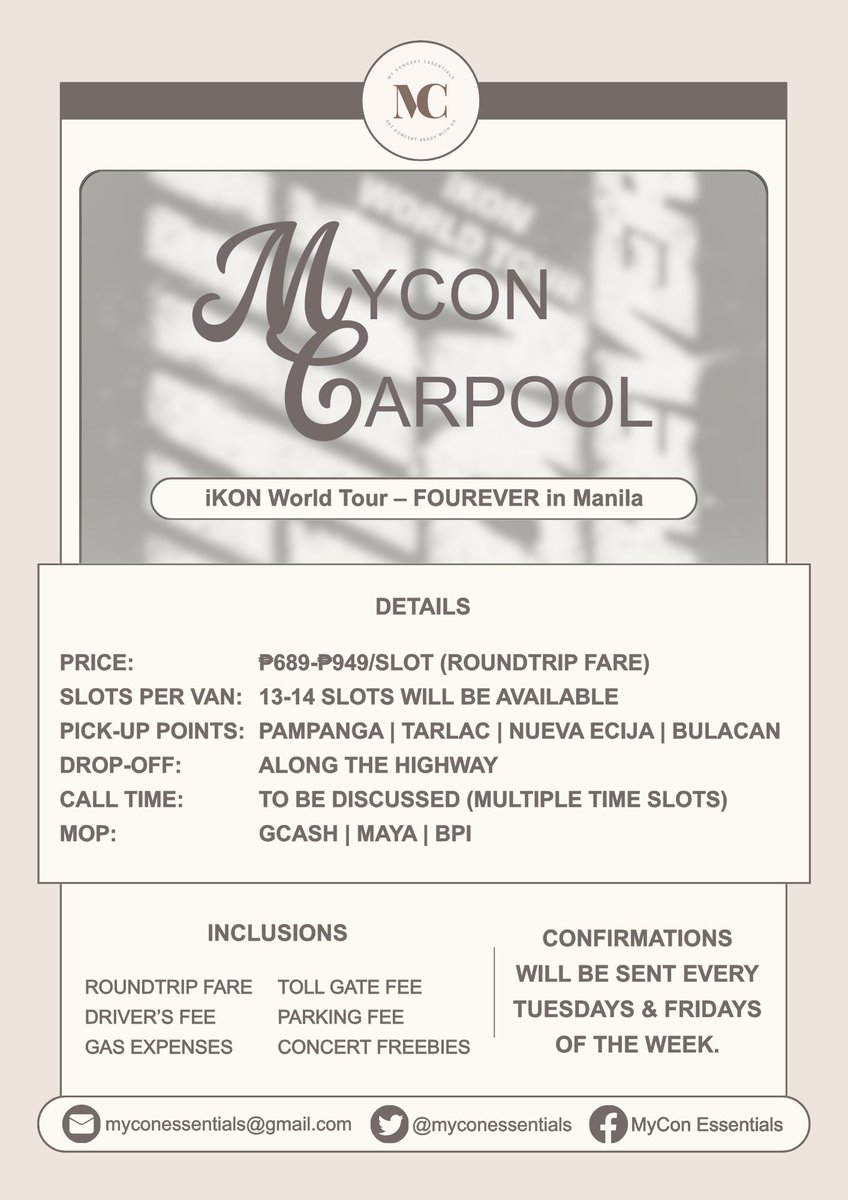myconessentials's tweet photo. WTS LFB PH

iKON Fourever World Tour Carpool

Pampanga | Tarlac | Nueva Ecija | Bulacan

Further details are posted below. 

If you wish to avail slot/s, kindly fill out this form: https://t.co/KoWbfhZzNm

🏷️ vanpool service smx manila

#iKON #iKON_FOUREVER_TOUR https://t.co/khurGn1IUN
