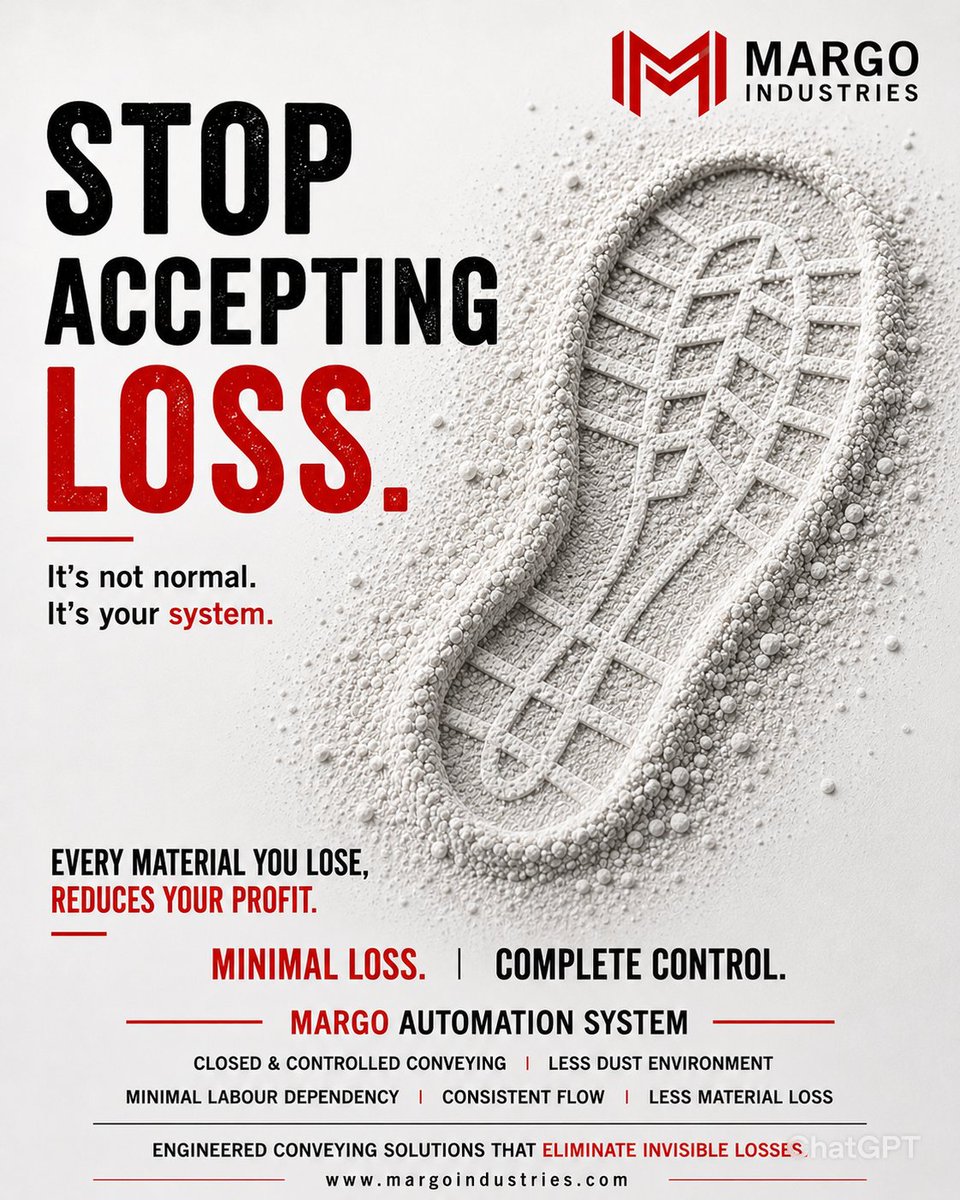 MargoInd's tweet photo. Your plant isn't losing material—it's losing money.
Small losses from dusting, spillage, and inefficiencies add up fast.
Every kilogram saved is profit earned.
📧 sales@margoindustries.com
🌐 https://t.co/babzEVXk7R
#Automation #Manufacturing #MaterialHandling #MargoIndustries https://t.co/ikiLC17ula