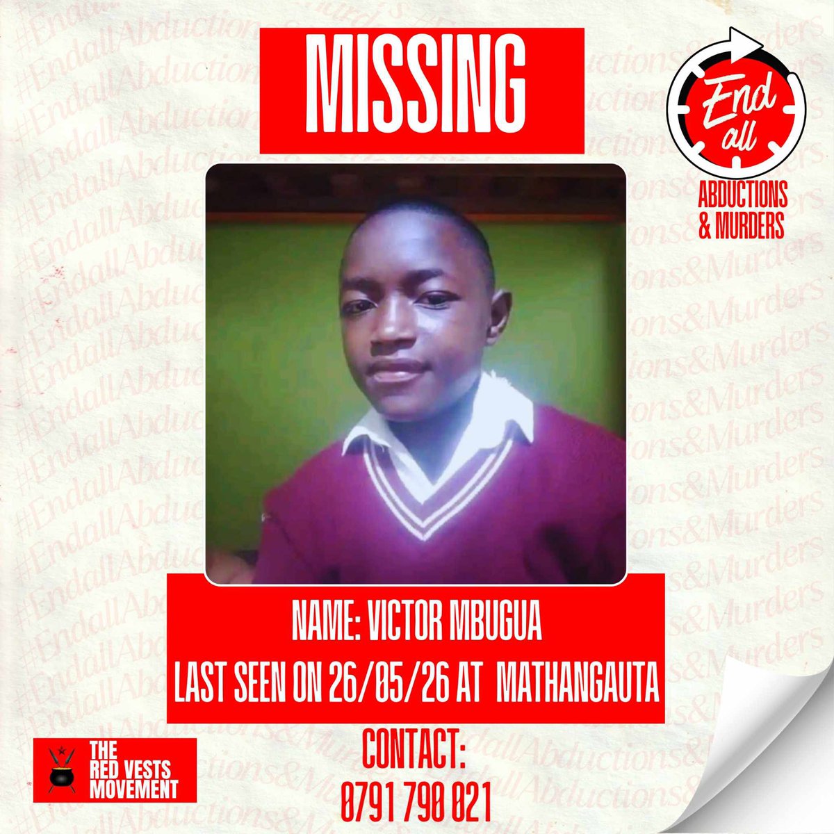 BettieWaShiro's tweet photo. Victor Mbugua is still missing. 

I just talked to the mom, Mary and she says the 13 year old has not been seen or found. 
They are from Narok County - Centre. 

Share this widely. 
#ProtectChildren #MissingChildren 
@RedVestsProtest @YWGI_Ke @SanchezR1cky @_James041. https://t.co/CiRjkzpQTF