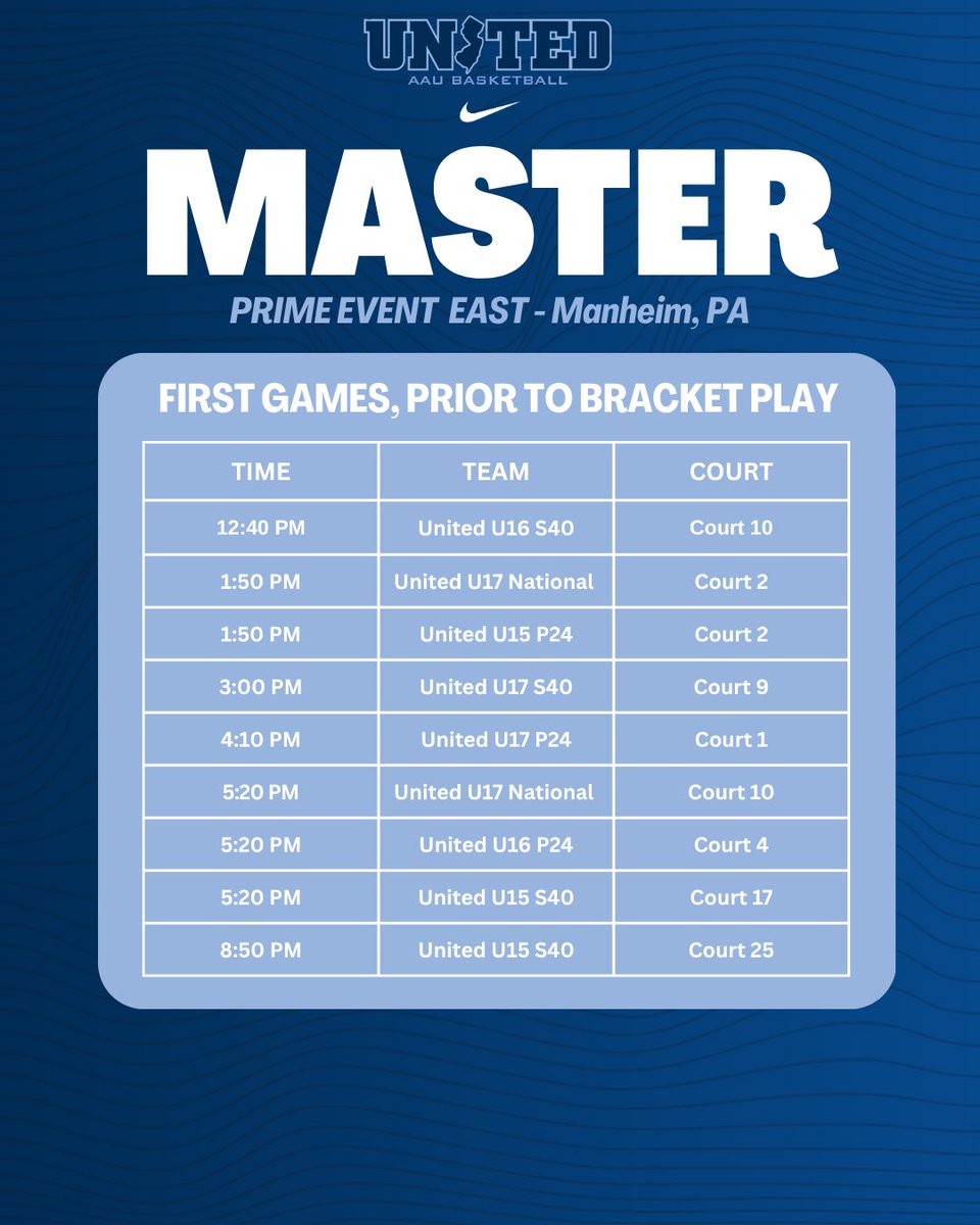 unitedNJaau's tweet photo. PRIME Event EAST, first games prior to bracket play. Coaches follow our teams in your coaches app for continued team schedules.  🤝 Let’s get it! 

@CoachJimmy_O @CoachGaba @pero_zoe @coach_elwood @coachshaq24 @CoachWiggins05 @mattkmcc @SelectEventsBB https://t.co/zKunJdb0V9