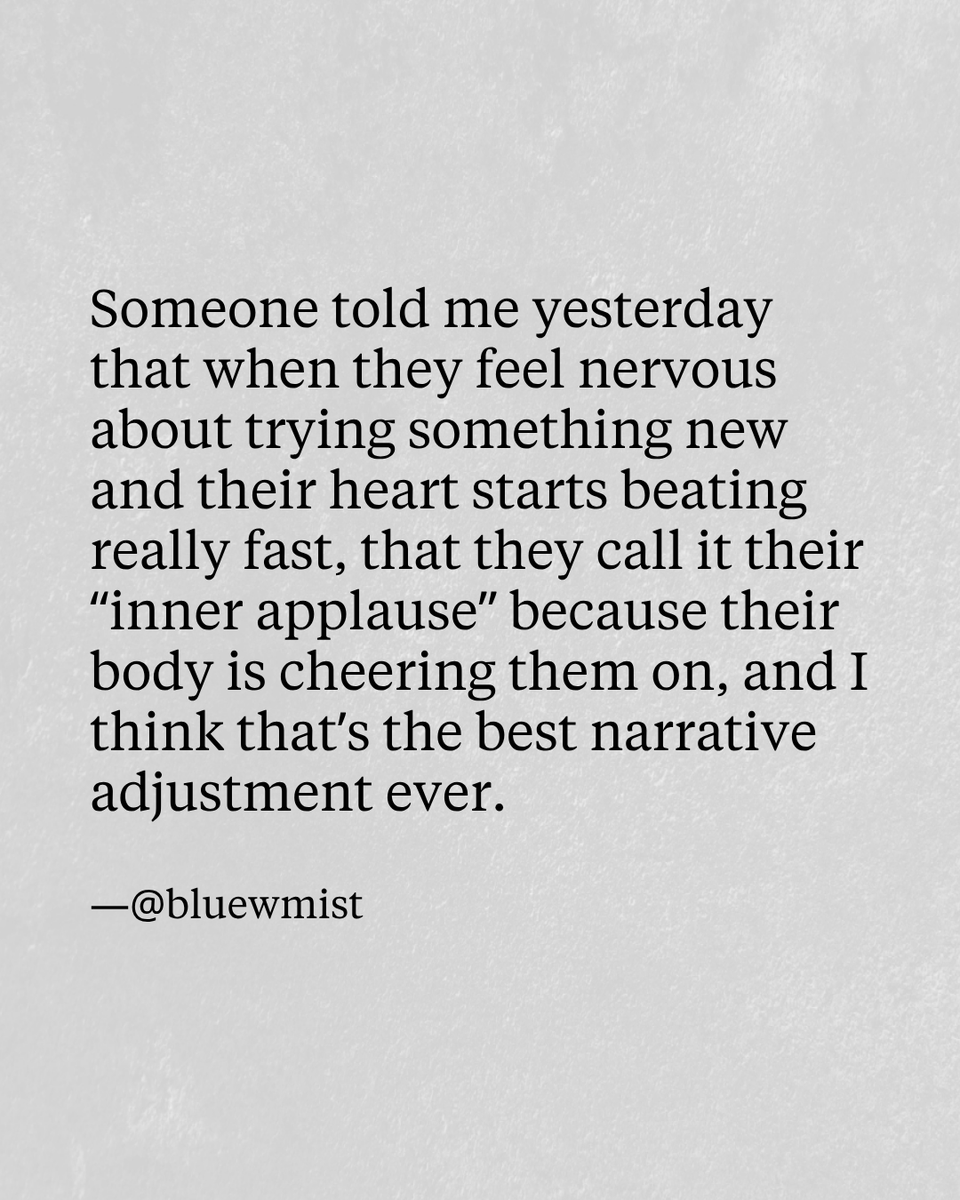 SystemSunday's tweet photo. This quote reminded me of a fascinating experiment:

Researchers studied different swimmers before a race.

On the starting blocks, every single athlete experienced the same physical sensations:

• Heart racing
• Sweaty palms
• Tight chest

The only difference that separated the winners and losers?

The elite swimmers reframed these nerves as performance fuel, while the non-elite swimmers viewed them as threats that held them back.

Harvard business professor Alison Wood Brooks found the same thing in everyday life:

People who said "I am excited" before a presentation outperformed those who said, "I am calm."

The lesson?

Nervousness is evidence of growth, not proof that something is wrong.

So next time your heart races before something stressful, remember it’s just ‘inner applause.’

Your body is cheering you on.