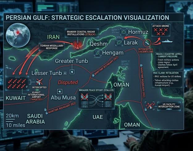ProfessorPape's tweet photo. US- Iran strikes are escalating beyond isolated violations of a ceasefire 

Iran hitting US military bases and their host countries, US trying to blunt the strikes 

This is a pressure campaign against Gulf states that will grow as oil inventories run dry

Iran’s leverage grows https://t.co/yJGPvLEqhb