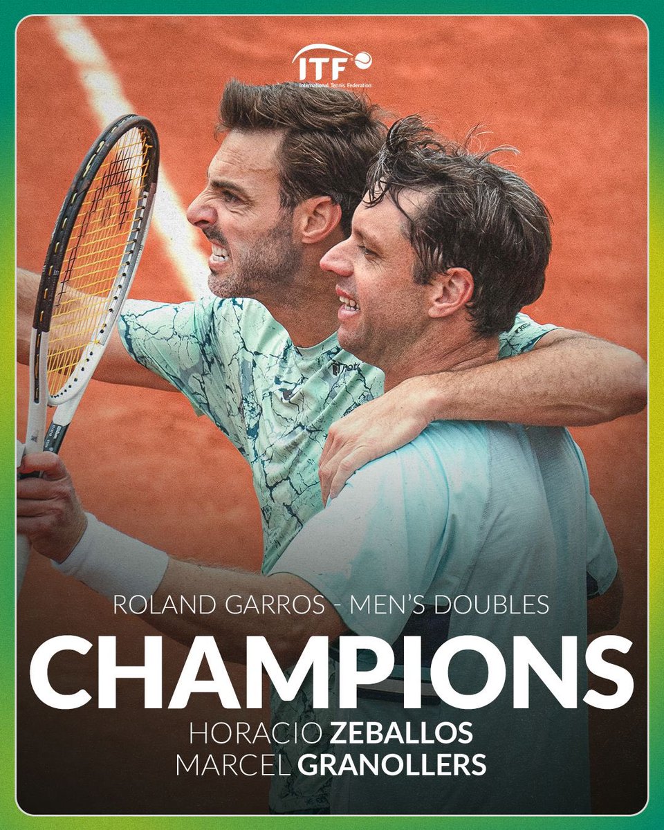 ITFTennis's tweet photo. BACK-TO-BACK 🏆🏆

Marcel Granollers and Horacio Zeballos win their second consecutive Roland Garros men’s doubles title as they defeat Patten/Heliovaara 6-4 6-2 in the final https://t.co/p84HHSIF7j
