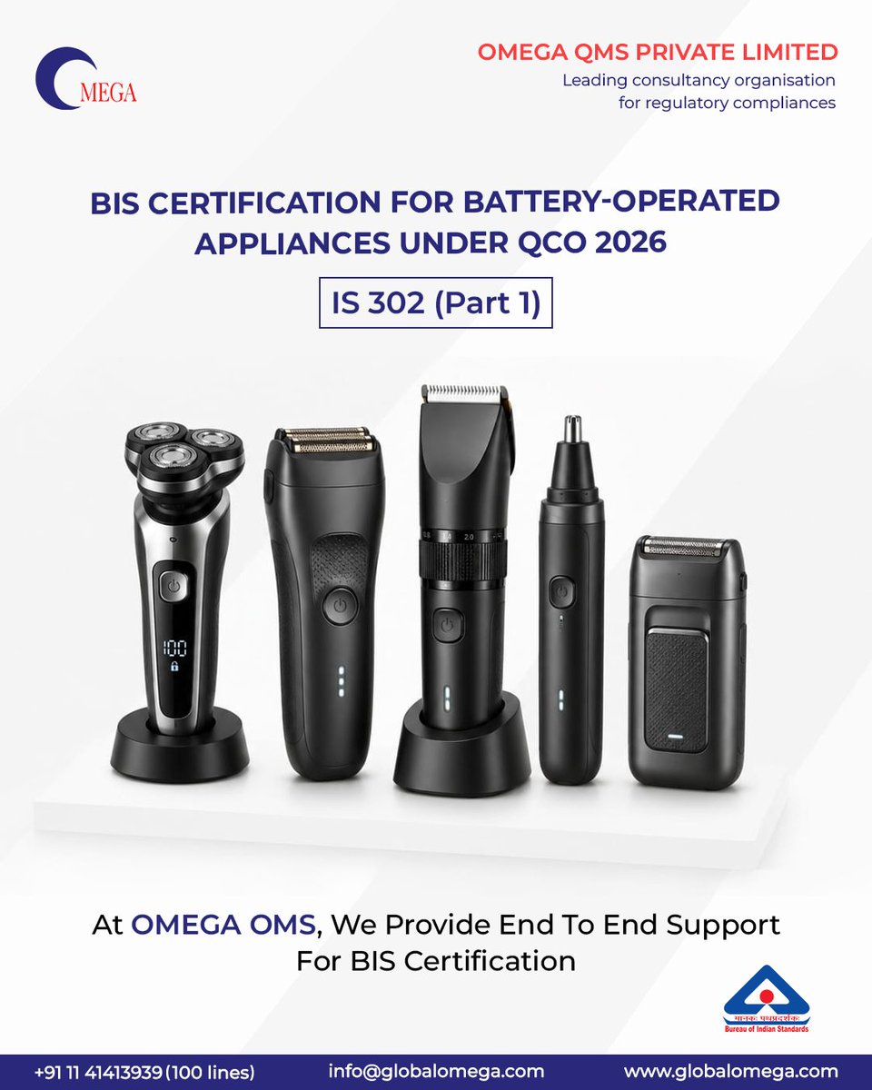 QmsOmega's tweet photo. Battery-operated and cordless appliances are now explicitly covered under the BIS Electrical Appliances QCO 2026.

Products such as vacuum cleaners, shavers, trimmers, massage appliances, blenders, juicers, toothbrushes, foot warmers, heating mats, and air purifiers operating on DC power or batteries will require BIS certification under IS 302 (Part 1).

Manufacturers and importers should note that battery-powered products are subject to the same BIS Scheme-I certification requirements as wired appliances, including safety testing, ISI marking, and compliance with battery safety requirements.

Compliance deadlines:
• 1 October 2026 – General
• 1 January 2027 – Small Enterprises
• 1 April 2027 – Micro Enterprises

Failure to assess applicability and obtain the required certification may result in import disruptions and penalties under the BIS Act, 2016.

Omega QMS Pvt. Ltd. supports manufacturers and importers with applicability assessments, BIS certification, testing coordination, AIR services, and customs compliance for battery-operated appliances.

#BISCertification #QCO2026 #BatteryOperatedAppliances #ElectricalAppliances #ISIMark #BISCompliance #ProductCompliance #ImportCompliance #RegulatoryCompliance #OmegaQMS