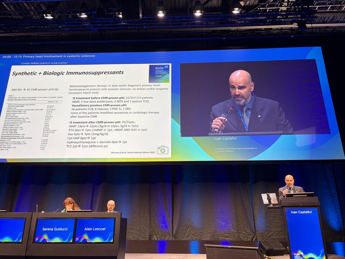 reuma_santpau's tweet photo. How do we tackle 🫀involvement in SSc @ivancastellvi breaks down the latest insights at #EULAR2026:

1️⃣ MMF should be considered upon suspicion of inflammation.
2️⃣ Therapy is recommended if symptomatic with MRI-confirmed miocarditis.
3️⃣ Treat beyond inflammation— target fibrosis https://t.co/DUUydOPzeZ