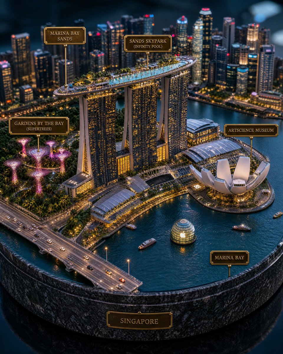 yourPlugAI's tweet photo. From Desert Shores to Tropical Lagoons🏖️

• A sail-shaped hotel rising from the Arabian Gulf.
• A rooftop infinity pool floating above Singapore.
• Private villas suspended over turquoise waters of Maldives.
• A skyscraper disappearing into the clouds above Shanghai.

This series transforms each destination into an intricate geographical diorama where every bridge, tower, yacht, villa and skyline is recreated at miniature scale.

GPT Image 2.0

Prompt👇🏾