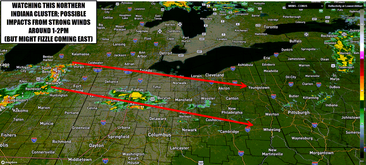 EricWFMJ's tweet photo. Saturday 8:30am Update: Tricky business today. This cluster of storms over northern Indiana has the potential to intensify as it comes east. If it does, it may produce an early afternoon wind threat in our area. Many weather models WEAKEN it as it comes east. https://t.co/QNZH7i8yvb