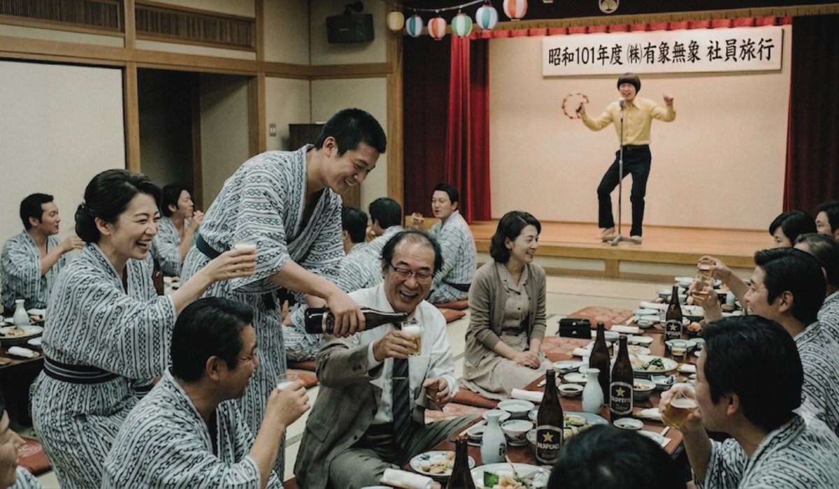 yasosuke80's tweet photo. 【2/27-28　#ザ・昭和の慰安旅行】

『昭和の宴会』体験をベースに、観光オプションでサスペンスツアーや、江戸村のツアーなど計画しております。現地集合解散もOK！

まだ関係各所と詰めておりますが、現段階の詳細をアップしました。
https://t.co/AY5yYy3aQX

※画像はAIで作成したイメージです。 https://t.co/SWE7cozDTH