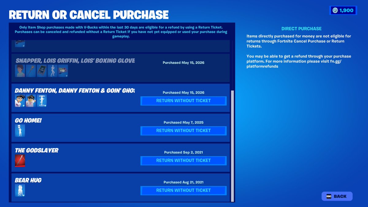ShiinaBR's tweet photo. Fortnite now lets you refund items that previously had issues and were eligible for a ticketless refund, no matter how many years ago it was 💀

Probably a mistake? https://t.co/7r0pn8ISk0