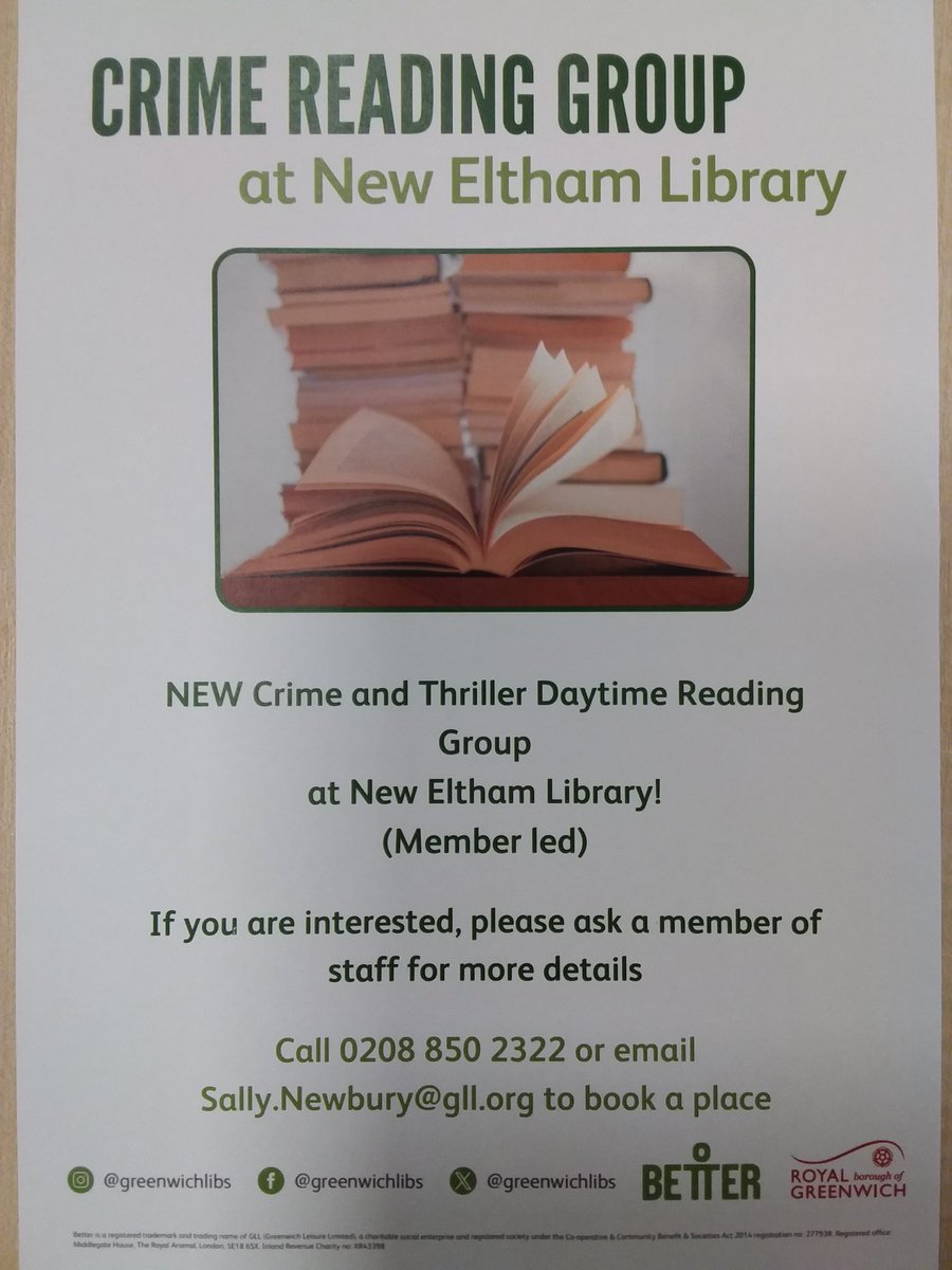 newelthamlib's tweet photo. The National Year Of Reading celebrates crime novels this June. If you want to chat about books, get ideas for what to read next and meet like minded readers, come along to our Crime Reading Group. Ask at New Eltham Library for more details 📚 @newelthamlib @GreenwichLibs https://t.co/WMfKGCPCsu