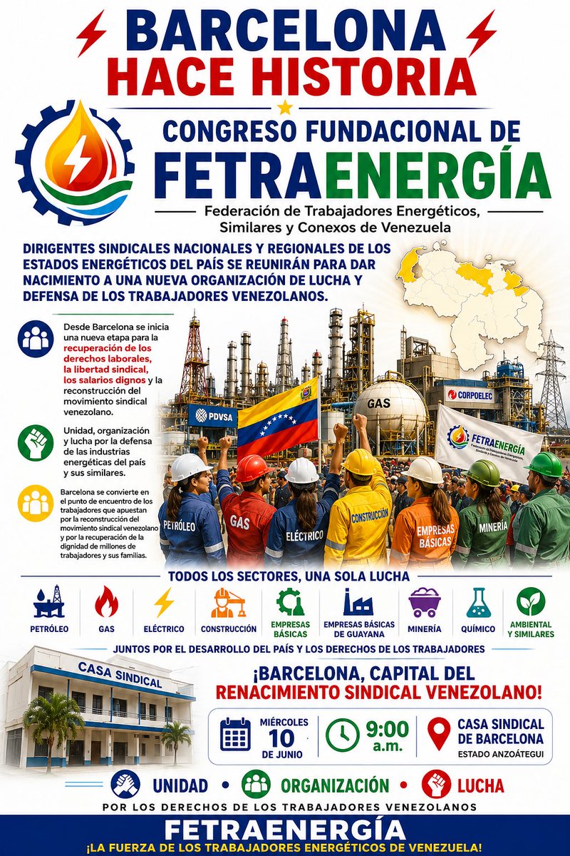 IvanRFreites's tweet photo. ⚡ ¡BARCELONA SERÁ EL EPICENTRO DEL RENACIMIENTO SINDICAL VENEZOLANO! ⚡
Este miércoles 10 de junio | 9:00 a.m. | Casa Sindical de Barcelona
Se convoca la histórica fundación de FETRAENERGÍA, Federación de Trabajadores Energéticos, Similares y Conexos de Venezuela.
FETRAENERGIA https://t.co/ECCPi3XFaR