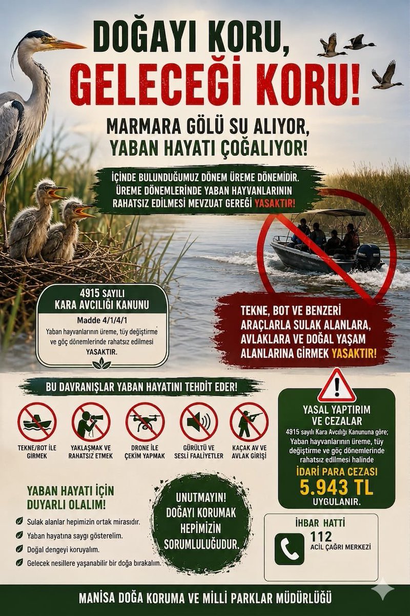 DkmpManisa's tweet photo. DOĞAYI KORU, GELECEĞİ KORU! 🌿🦉
​Marmara Gölü yeniden su alıyor, yaban hayatı canlanıyor! Ancak unutmayalım; içinde bulunduğumuz dönem, yaban hayvanlarının üreme ve yavrulama dönemidir. Bu hassas süreçte doğal yaşamı korumak hepimizin sorumluluğudur.
​🚫 Yaban Hayatını Tehdit Eden Davranışlar Yasaktır:
​Tekne, bot ve benzeri araçlarla sulak alanlara, avlaklara ve doğal yaşam alanlarına girmek,
​Yaban hayvanlarına yaklaşmak ve onları rahatsız etmek,
​Drone ile çekim yapmak,
​Gürültü ve yüksek sesli faaliyetlerde bulunmak,
​Kaçak avcılık yapmak ve avlaklara izinsiz girmek.
​⚖️ Yasal Yaptırım ve Cezalar:
4915 sayılı Kara Avcılığı Kanunu (Madde 4/1/4/1) gereğince; yaban hayvanlarının üreme, tüy değiştirme ve göç dönemlerinde rahatsız edilmesi mevzuat gereği YASAKTIR. Aksine hareket edenler hakkında 5.943 TL İdari Para Cezası uygulanmaktadır.
​Yaban hayatı için duyarlı olalım; sulak alanlar hepimizin ortak mirasıdır! 🦆
​🚨 Herhangi bir usulsüzlük veya kaçak avcılık durumunda ihbar için:
📞 112 Acil Çağrı Merkezi