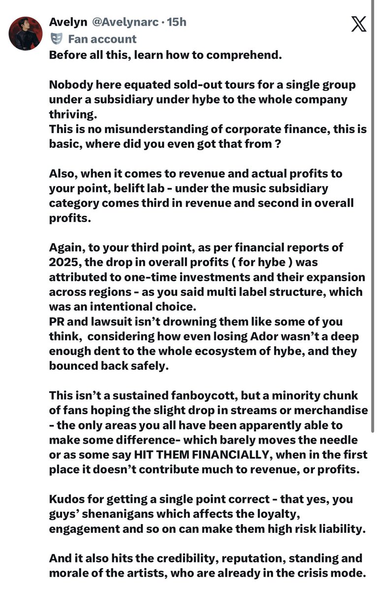 dddeonuuu_'s tweet photo. imagine writing a whole essay attempting to flex basic corporate accounting, only to spend the entire second half completely validating my point. but sure i’ll help you break down your comprehension issue.

first, claiming core fandom metrics like streams and merchandise 'don't contribute much to profits' is hilariously out of touch with reality. unlike western acts relying on massive stadium tours with heavy overhead, k-pop subsidiaries survive on high-margin direct-to-consumer fan commerce (merch, physicals, global fan clubs). that means it is literally the most profitable sector of a label like belift.

second, your desperate attempt to guilt-trip fans by claiming we are 'risking their careers' is a massive inversion of reality. the fans aren’t sidelining the members: the company’s exploitative management, structural rot, and absolute disregard for their well-being did that. the boycott targets the corporate bottom line that enables that treatment, not the artists.

my favorite part is where you literally acknowledged my entire argument: you admitted dropping engagement turns the asset into a 'high-risk liability' that tanks corporate credibility. in what business universe is creating a systemic, long-term risk liability not a financial blow? 
y’all are obsessing over yesterday’s static ledger; institutional capital looks at future predictability and risk management. you didn't debunk my point, you just wrote a paragraph detailing exactly how our boycott is working. thanks for the help!