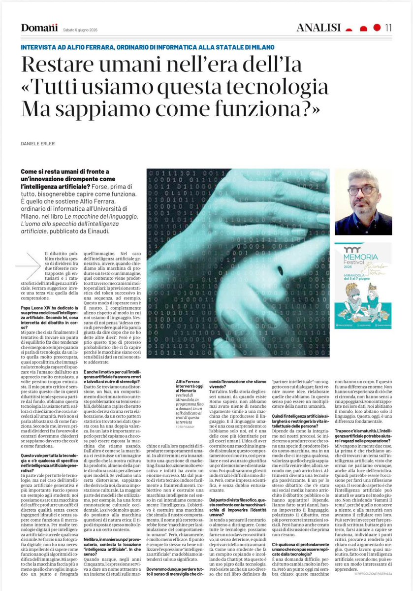 PazzoPerDomani's tweet photo. L’umanità artificiale, bella intervista di @Daniele_Erler a @sednolimodo oggi in edicola su @DomaniGiornale e online qui: https://t.co/SNkMMl3Jmy https://t.co/usMU7a8gH5