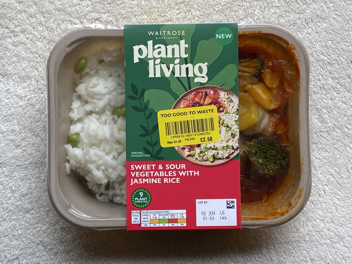 MintyNewMoon's tweet photo. For lunch I tried Waitrose Plant Living Sweet &amp; Sour Vegetables with Jasmine Rice. I enjoyed the chestnuts and jasmine rice the most. The sauce was lightly flavoured (not sweet like the M&amp;S version). The overall portion size was very stingy. I wouldn't buy this again.

#vegan https://t.co/NRuj83hGcC