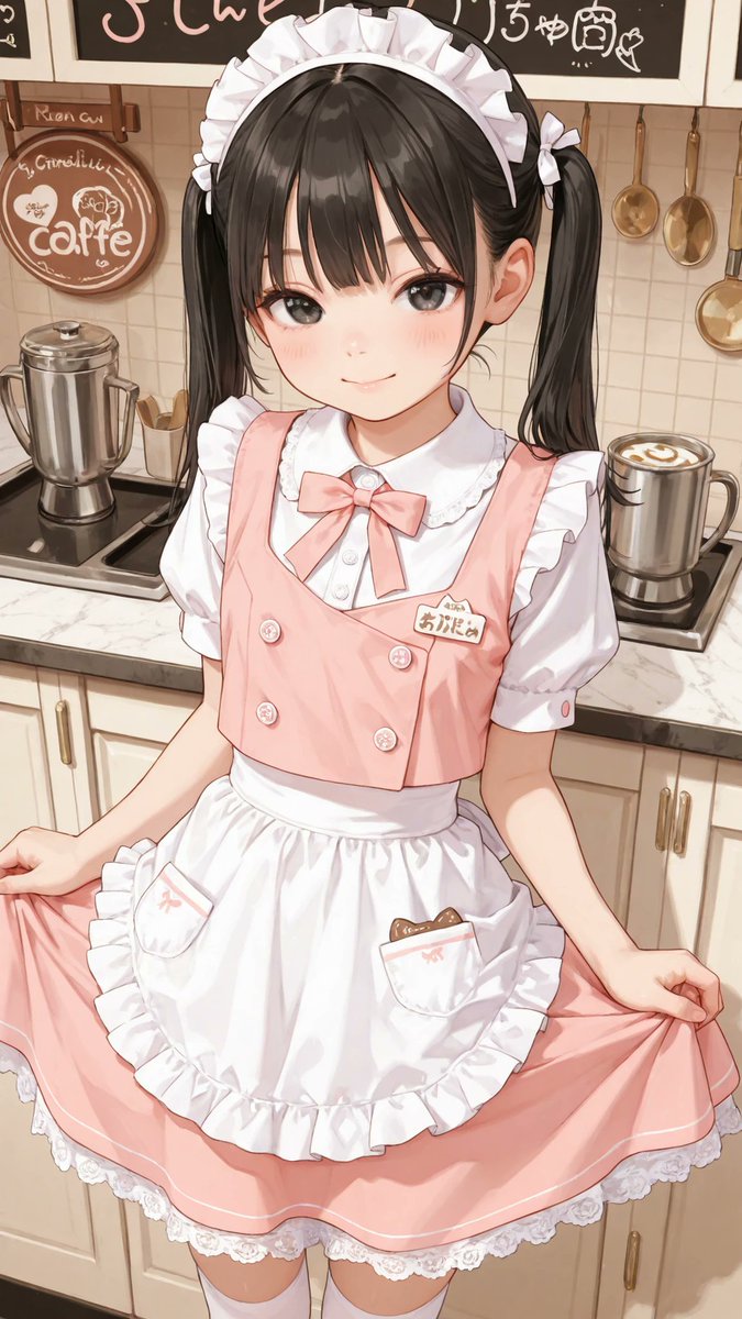 AliceLavli's tweet photo. ٩(*´︶`*)۶おはよ〜♬
ファミレスのユニフォームのプロンプトをどうぞ✨
family restaurant waitress uniform, short-sleeve blouse, white blouse, rounded collar, small ribbon bow at neckline, fitted bodice, button-up front, pastel pink vest, decorative buttons, waist shaping seams, flared knee-length skirt, gathered skirt panels, lace-trimmed apron, frilled apron hem, small waist ribbon, pastel pink and white color palette, comfortable service uniform, clean professional appearance, friendly cafe aesthetic, feminine design, practical workwear, soft fabric texture, neat and tidy silhouette, strict color placement, white blouse only, pastel pink vest only, pastel pink skirt only, white apron only