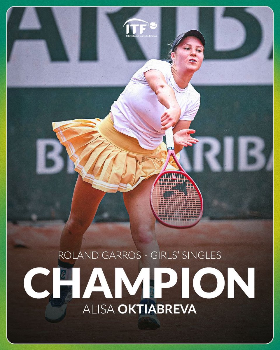 ITFTennis's tweet photo. CHAMPION! 🏆

Alisa Oktiabreva is the 2026 Roland Garros Girls’ champion. The 17-year-old defeats Xinran Sun 6-2 6-1 in the final to claim her first Junior Grand Slam title https://t.co/XN9afnJUep