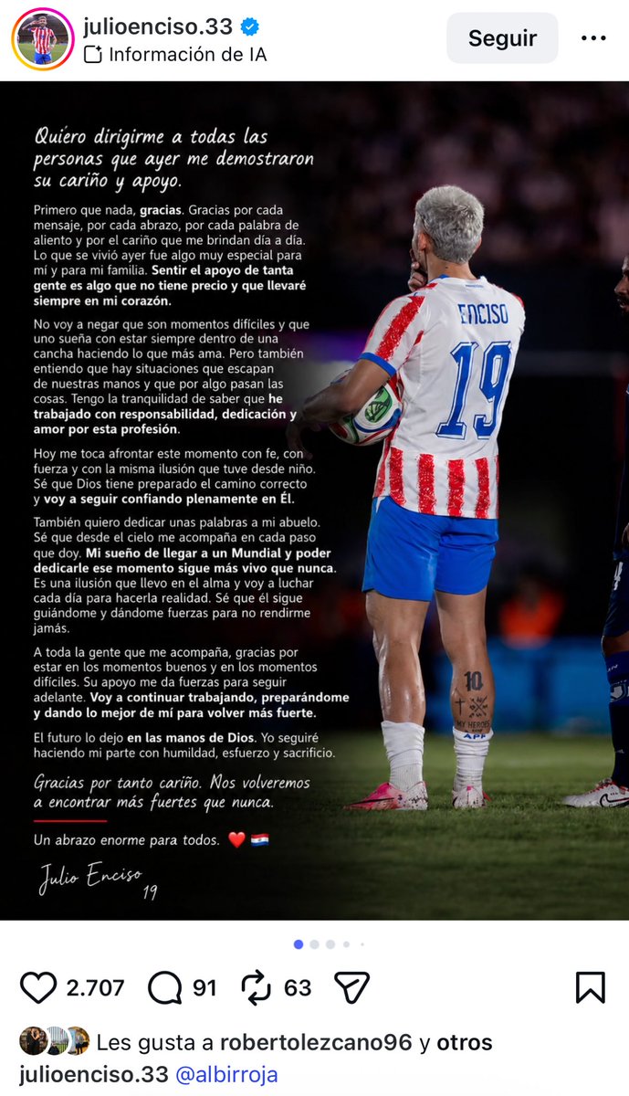11kevindaniel's tweet photo. ⚽️📝 #Albirroja 🇵🇾 Mensaje de Julio Enciso en su cuenta de Instagram.

⚠️ Corre serio riesgo su participación en el mundial. https://t.co/IhPu4sfAfp