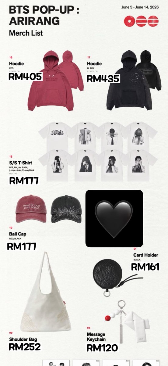 jimnandme's tweet photo. [PO/MY] BTS POP UP ARIRANG MERCH ❤️

Price stated excluded local postage only

Limited slot available and will update below tweet once full

Full refund if sold out, pls dm or mention to purchase #pasarBTS #myARMYjual https://t.co/TPMxMoxmQR
