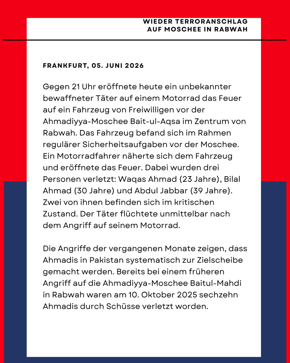 PresseAhmadiyya's tweet photo. Gestern Abend eröffnete ein Attentäter das Feuer auf ein Sicherheitsfahrzeug im Zentrum der Stadt. Drei ehrenamtliche Helfer wurden verletzt, zwei kämpfen im kritischen Zustand um ihr Leben. Systematischer Hass fordert wieder Opfer. https://t.co/aNhCF4vB4k