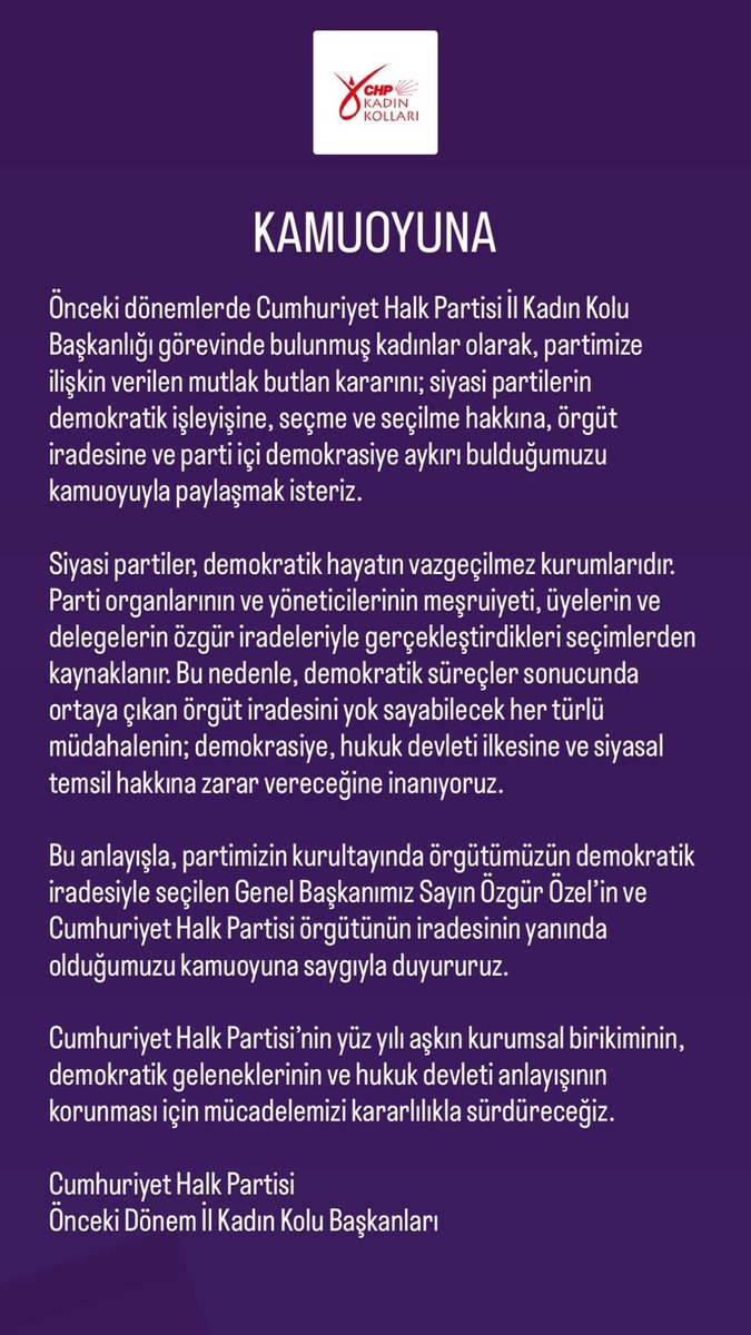 TKRgazete's tweet photo. CHP Önceki Dönem Kadın Kolları İl Başkanları, Özgür Özel'e desteklerini açıkladı ve kurultay talebinde bulundu.

Bildiriye 59 farklı ilden farklı dönemlerin İl Başkanları destek verdi. https://t.co/9eP0RIaysq