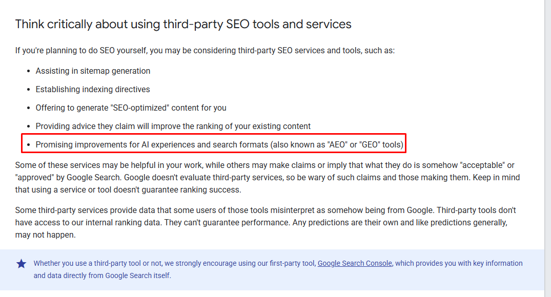 glenngabe's tweet photo. Second, there's a new page for "Google Search's guidance on using third-party SEO tools, services, and advice" which contains information about AEO/GEO as well. I still believe we will see a spam update that wipes out sites gaming AI Search... We might also see new manual actions as well. Stay tuned. 

"Promising improvements for AI experiences and search formats (also known as "AEO" or "GEO" tools)"
https://t.co/c99UzxNcbl