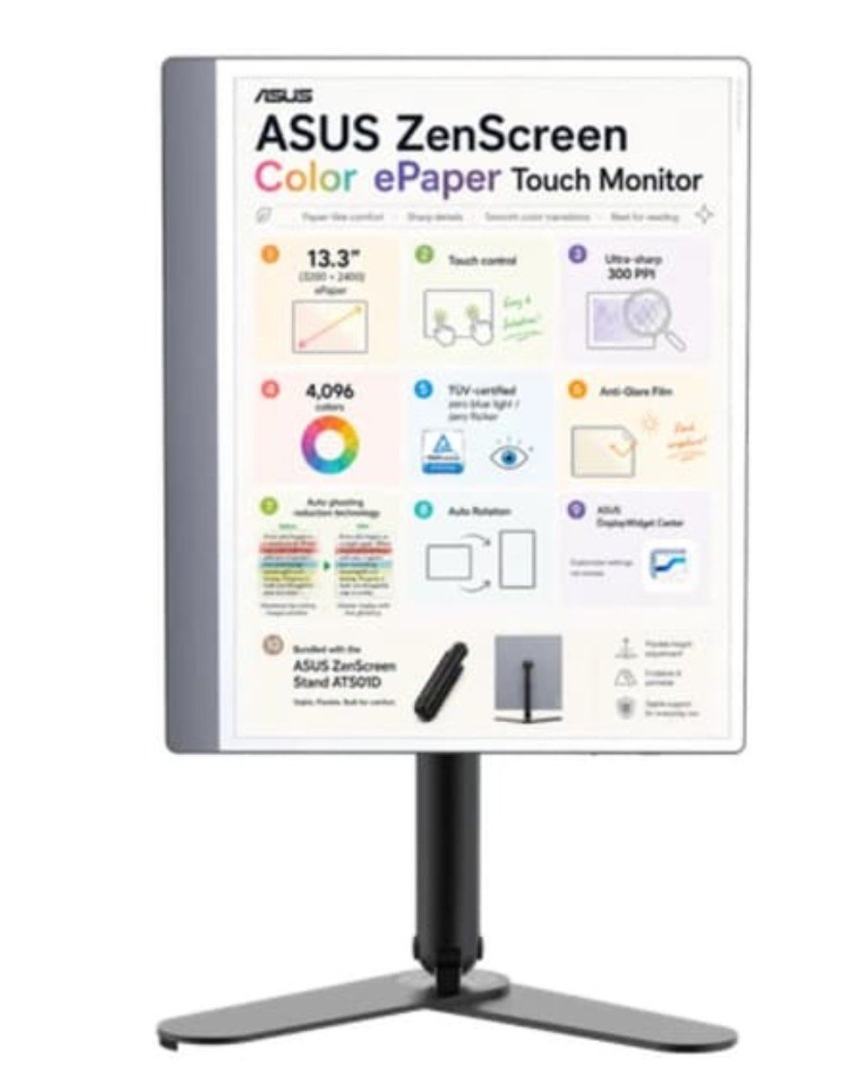 drbeel_techno's tweet photo. #ASUS
أعلنت أزوس عن شاشتها المتنقلة الجديدة #ZenScreen Color ePaper MP13UC بـ :
- تقنية الورق الإلكتروني #ePaper الملون موفرة للطاقة
- حجم 13.3 بوصة 300ppi 3200x2400 35Hz
- تقنية خالية من التشويش للحصول على نص واضح وصور نابضة بالحياة
- صديقة للعين بحصولها على شهادة TÜV Rheinland و انعدام الضوء الأزرق وانعدام الوميض
- دعم اللمس
- لا تحتاج الى شلك كهربائي لوجود بطارية مدمجة
- حامل للشاشة ZenScreen ATS01D بارتفاع 190مم جتى 365مم
- وزن 538ج
- متوفرة بحجم 16 بوصة لموديل ZenScreen ATS01D