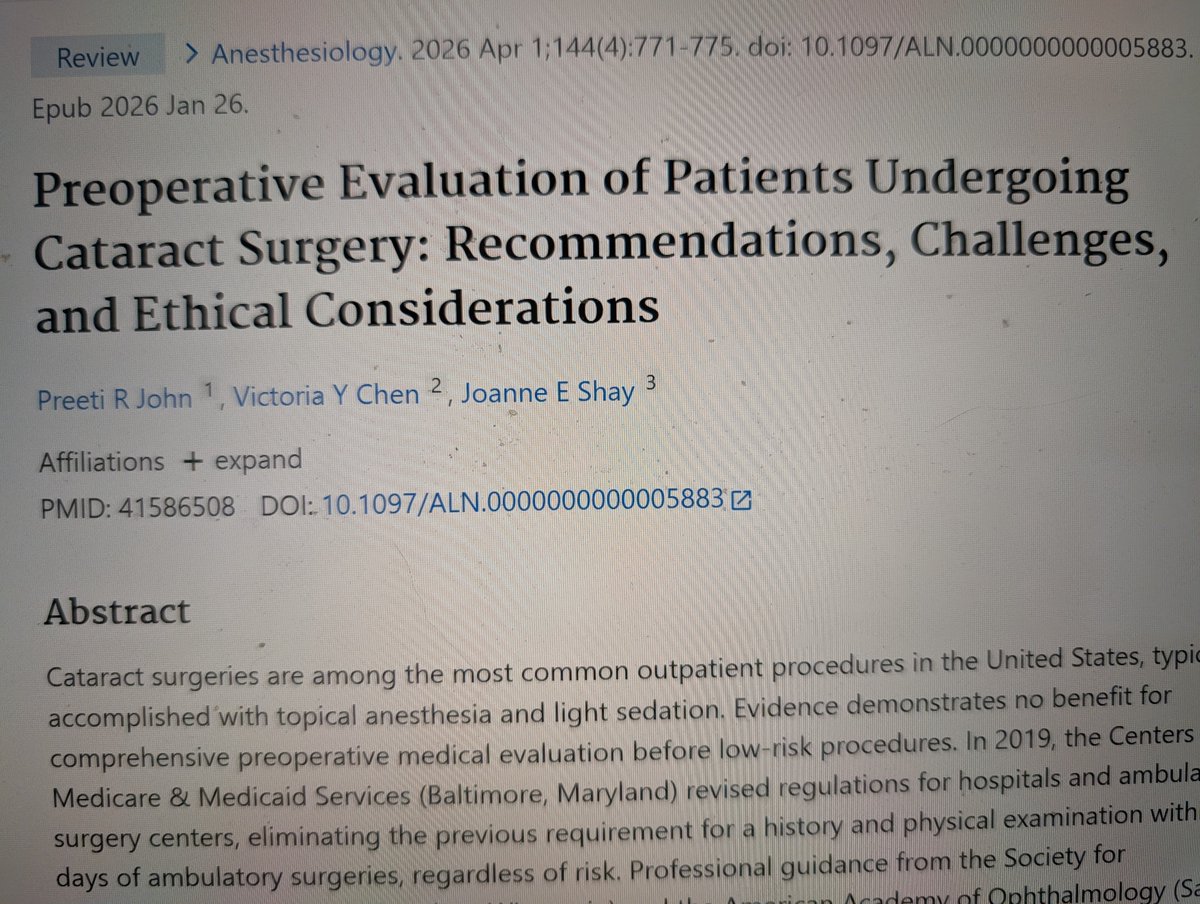 preeti_john's tweet photo. Our article in @_Anesthesiology "Preop Evaluation of Patients Undergoing #Cataract Surgery: Recommendations, Challenges, Ethical Considerations" @ASALifeline @ASAMonitor @HopkinsMedicine @aao_ophth @HopkinsACCM @bermaninstitute @VAsurgeons @BMJ_Ophth https://t.co/qGzCPjMf1Z https://t.co/xSpJ9sBw8y