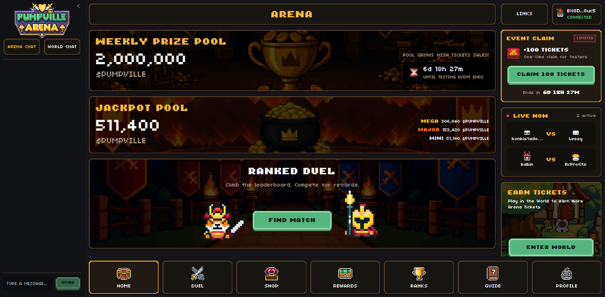 knjcrypt's tweet photo. PumpvilleWorld Arena Season 0 Pre-Launch Ranked Test🥳

📅2026/06/06 18:00jst-2026/06/13 18:00jst

✅Free To Play(100 ArenaTicket配布)
> $PUMPVILLE で枚数追加 or PumpvilleWorldのプレイでも獲得可能 
✅リダボ報酬＆ジャックポット報酬 
✅ドット絵のキャラクターがキュート 

#Pumpville https://t.co/YJULiFG2JO