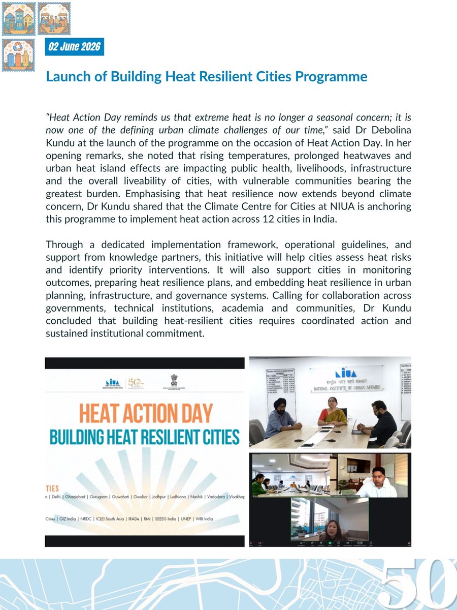 NIUA_India's tweet photo. #DirectorSpeaks | During the week of 1-5 June'26, Dr @dkundu1 , Director, #NIUA, engaged in critical conversations on #climateresilient urbanisation, scientific #wastemanagement, #heatresilience, #NbS, #climate finance & risk-informed urban planning.
Swipe to read highlights. https://t.co/E6zYqHAQpo
