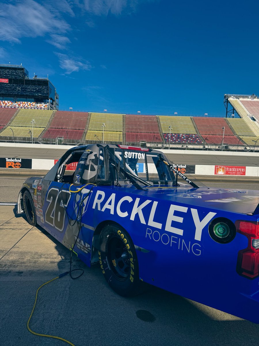 Rackley_WAR's tweet photo. It’s a beautiful raceday morning at @MISpeedway! ☀️🏁

@dawsonsutton_ is in the @RackleyRoofing No. 26 at 1:30pm EST on @FS1 for 125 laps of @NASCAR_Trucks racing in Michigan. 📈 https://t.co/pB3zRdxsu2