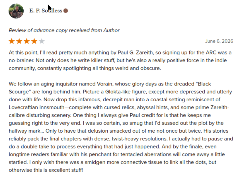 paulgzareith's tweet photo. What a day! Another heartwarming review of Inquisitors by @SoullessEddie - Captures the black heart and reeking soul of my little novella brilliantly. 

Thank you for taking the time to read and share your thoughts. https://t.co/uTKEUUr4Gz