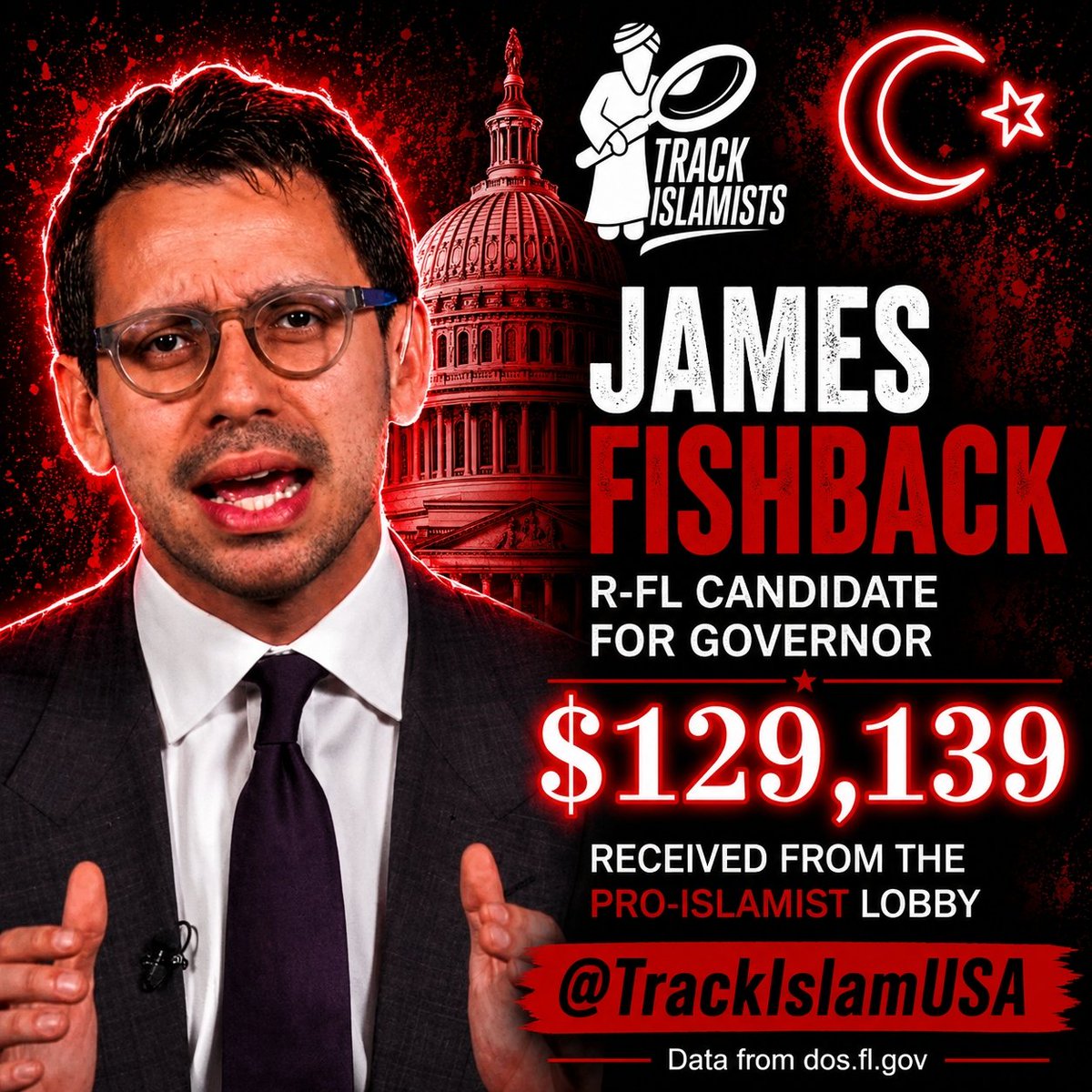 TrackIslamUSA's tweet photo. 🔴 James Fishback virtue signals about not taking AIPAC money, yet he pocketed $129,139 from the Pro-Islamist Lobby. Byron Donalds, on the other hand, hasn't taken a penny from the "Death to America" crowd. If I was in FL, I know who I'd be voting for &amp; it isn't Fishback! https://t.co/C5hyypUttY