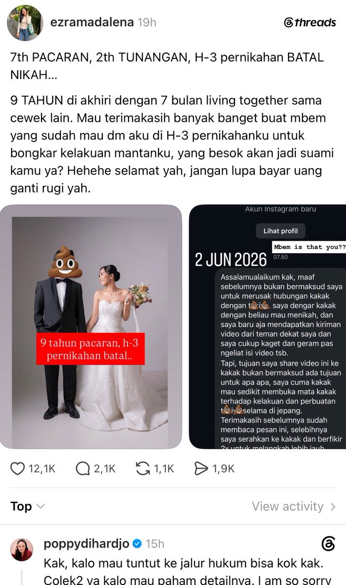 LambeSahamjja's tweet photo. Guys, tadi gue baca cerita yang jujur bikin merinding.

Bayangin aja, 7 tahun pacaran. 2 tahun tunangan. Undangan mungkin udah disebar, vendor udah dibayar, keluarga besar udah siap datang.

Terus tiba-tiba H-3 nikahan batal.

Bukan karena beda prinsip. Bukan karena masalah ekonomi. Bukan juga karena restu orang tua.

Tapi karena ada seseorang yang ngirim DM dan ngebongkar fakta yang selama ini disembunyiin.

Katanya selama persiapan nikah, si cowok ternyata hidup bareng perempuan lain selama berbulan-bulan.

Yang bikin gue mikir, kadang kita suka sedih kalau hubungan lama berakhir. Padahal yang lebih serem adalah hubungan yang kelihatannya baik-baik aja, tapi ternyata isinya kebohongan dari awal sampai akhir.

9 tahun itu bukan waktu yang sebentar.

9 tahun itu bukan cuma soal kehilangan pasangan. Tapi kehilangan rencana, kehilangan mimpi, kehilangan masa depan yang selama ini udah dibayangin bakal dijalani bareng.

Makanya gue bisa paham kenapa banyak orang bilang lebih baik sakit karena tahu kebenaran sekarang daripada bahagia karena dibohongi seumur hidup.

Dan jujur aja, orang yang ngirim pesan itu mungkin dianggap tukang rusuh. Dibilang ikut campur urusan orang.

Padahal kalau informasi itu benar, bisa jadi dia justru menyelamatkan seseorang dari penyesalan yang jauh lebih besar setelah akad terucap.

apakah kejadian seperti ini bisa di tuntut secara hukum?