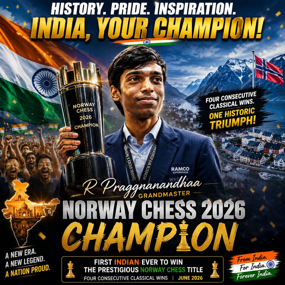 AnanyaModi95's tweet photo. 🇮🇳♟️ History made. A nation proud.

R Praggnanandhaa becomes the first Indian to win Norway Chess! 🏆🔥

#Praggnanandhaa #NorwayChess2026 #IndiaProud #ChessChampion #PrideOfIndia #IndianChess #Grandmaster #ChessHistory #JaiHind https://t.co/dEzDCWd6PL