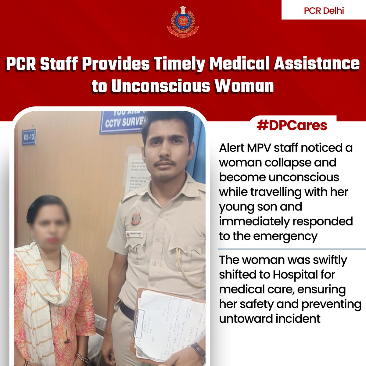 DCPPCRDELHI's tweet photo. Alert PCR staff promptly responded after noticing a woman collapse while travelling with her young son.
She was immediately shifted to the hospital for medical care, ensuring her safety and preventing any untoward incident.
#DPUpdates
#HelloDelhiPolice
#PCRUpdates https://t.co/0uJ2Ii8uHA