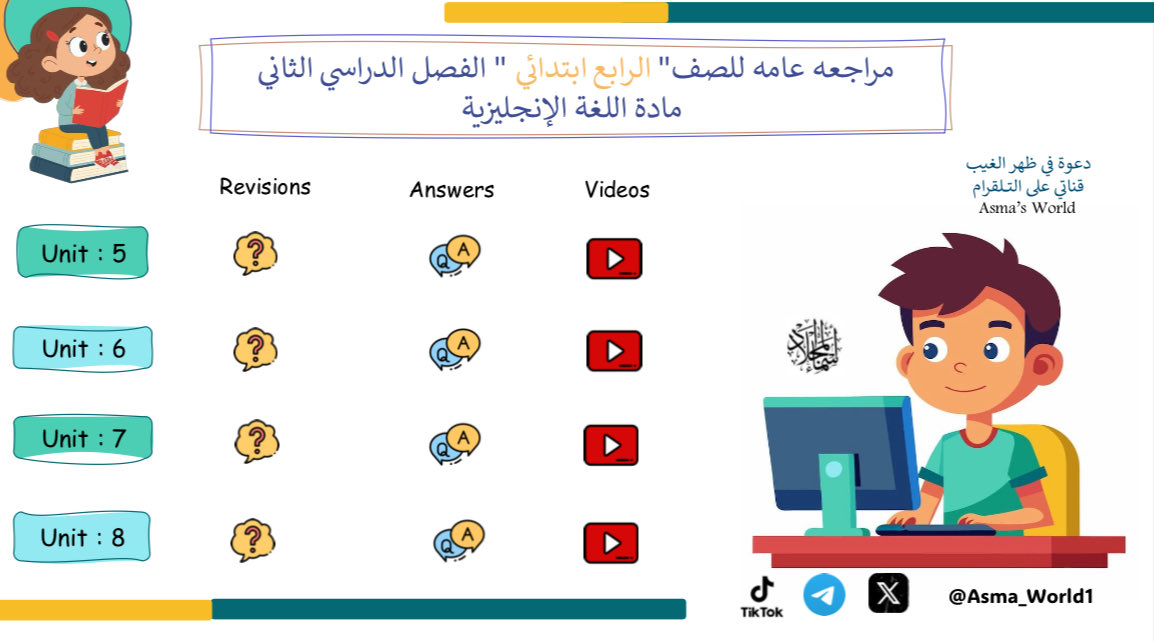 Asma_World1's tweet photo. ملف تفاعلي 
            " مراجعه عامه📝 "

 لماده اللغة الإنجليزيه
للفصل الدراسي الثاني

📝للصف الرابع ابتدائي TG1 

الملف يشمل : 
🔹ورقه المراجعه
🔹حل المراجعه
🔹شرح المراجعه على اليوتيوب 

https://t.co/Zm5xjdIVxo https://t.co/NqgFDYRo8c